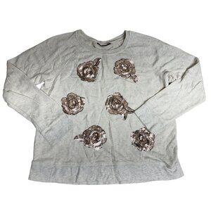 Apt. 9 Womens Sequin Floral Embellished Sweater Cotton Blend Long Sleeve Beige